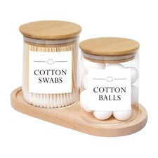 2 Pack Glass Cotton Swab Hold with Tray, Cotton Round Apothecary Jars with Li...
