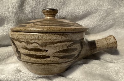 Salt Glazed Pottery Bean Pot W Handle Top Tan/Brown