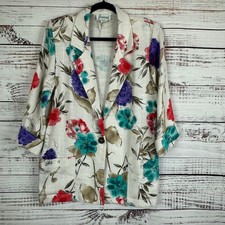 VTG Joanna USA Made Cream Floral V-Neck Blazer Jacket 3/4 Sleeve Womens Size S
