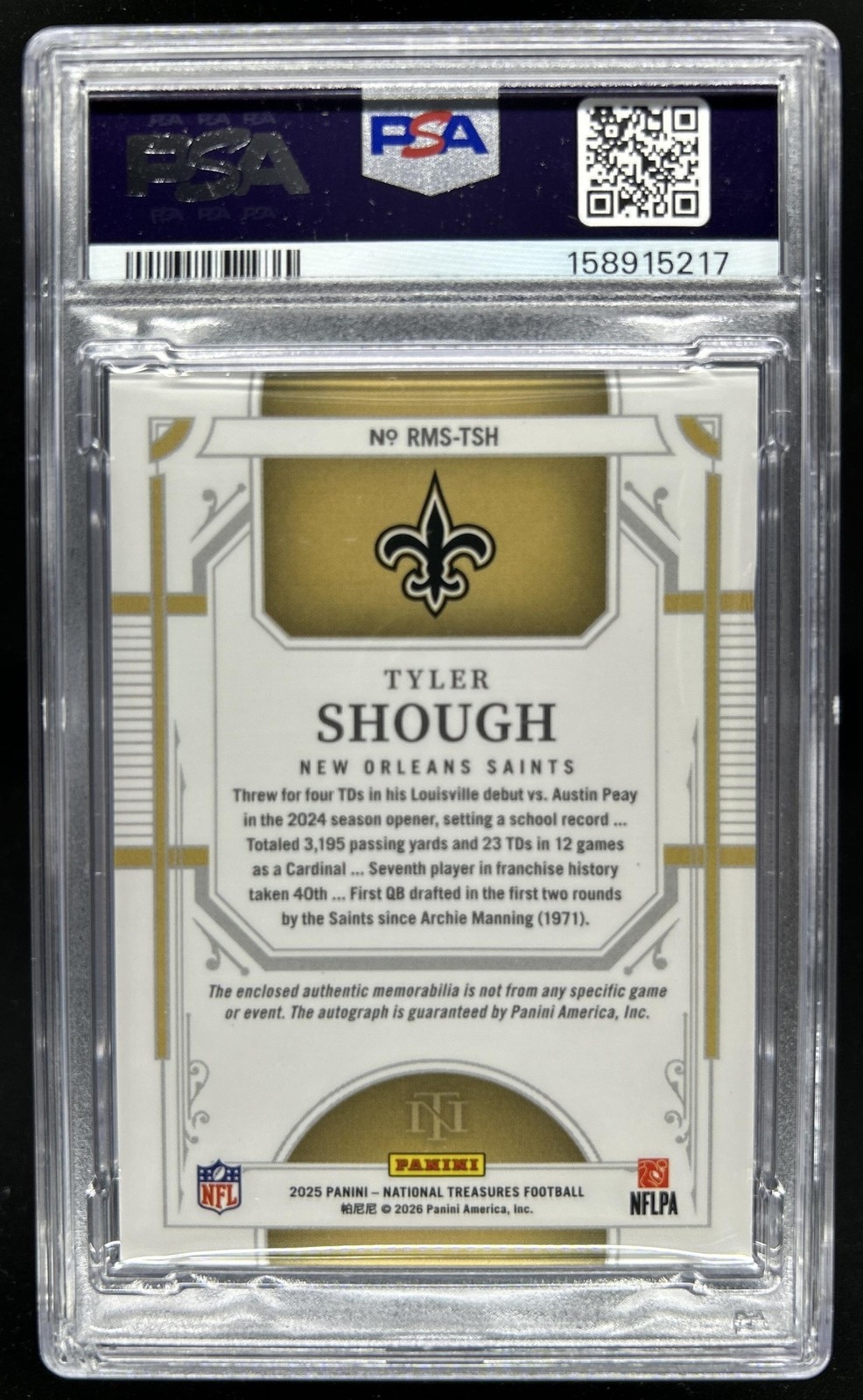 2025 National Treasures Tyler Shough Rookie Triple Patch Gold Auto #/10 PSA Auth view 2