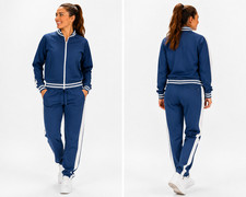 2 Piece Dark Blue Outfits Jogging Set For Women Zip Up Jacket And Long Pant