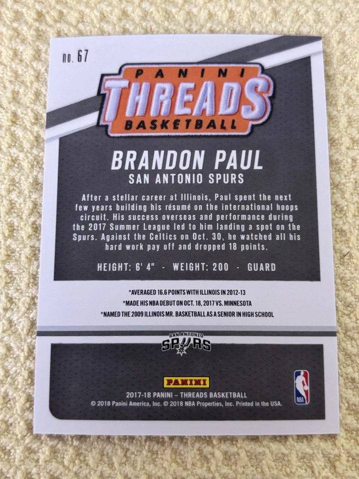 2017-18 PANINI THREADS #67 BRANDON PAUL RC BLUE DAZZLE /25 ROOKIE - Image 2 of 2
