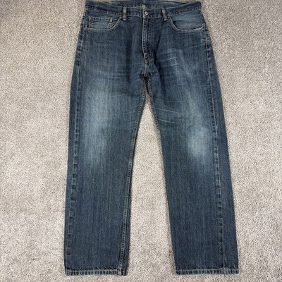 Levis 505 Jeans Men 38x32 Dark Rinse Wash Whiskered Distressed Straight Leg