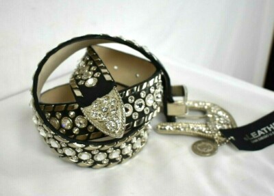 LEATHERROCK Vintage black leather silver studded and rhinestone belt. Size Large Black LeatherRock Studded Crystal Women main image 4
