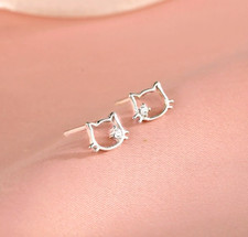 Tiny Hello Kitty Cat Silver Cubic Zirconia Kitten Stud Earrings