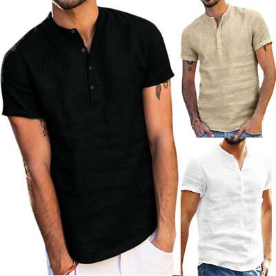 Eoeth Mens Baggy Cotton Linen Short Sleeve Button Retro Blouse Casual Plain Simple T-Shirt Loose Lapel Tops Eoeth Mens Baggy Cotton Linen Short Sleeve Button Retro Blouse Casual Plain Simple T-Shirt Loose Lapel Tops