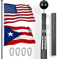 20 Ft Telescoping Flagpole Black American and Puerto Rico Flags Spun 3x5 Ft