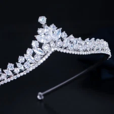 Silver Plated White CZ Drop Queen Tiara Crown Headband Bridal Hair Accessories
