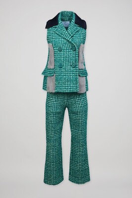 Prada Fall 2015 Green Tweed Ensemble Pants Vest with Mink Fur