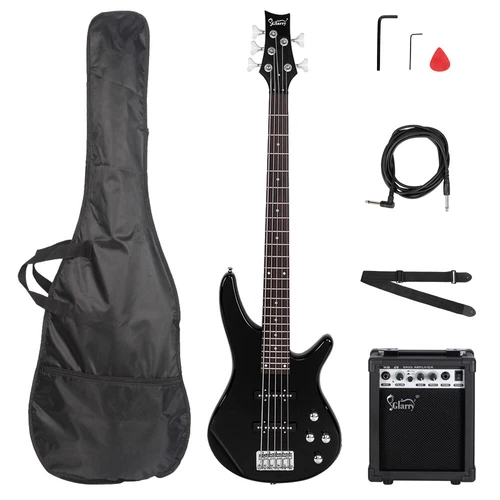 GIB 5 String Full Size Electric Bass Guitar SS Pickups and Amp Kit Black 