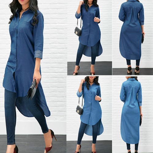 Womens Long Sleeve Denim Tunic Tops 