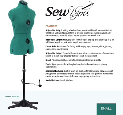 Dritz Sew You Adjustable Dress Form, Small, Opal Green 692624026278| eBay