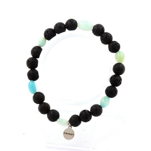 Armband Amazonit Aus Brasilien + Lava Perlen 8 Mm. Hergestellt In Frankreich.-image