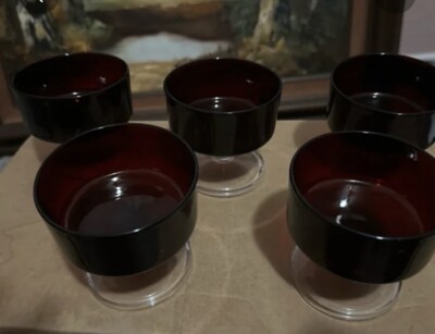 5 Ruby Red Dessert Glasses Sherbet Cup Luminarc Made in France Arcoroc 1970s