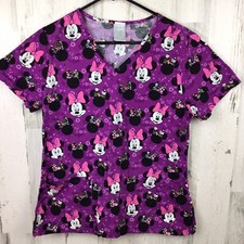 Disney Minnie Mouse Scrub Top Nurse Uniform Purple Floral Women's S
