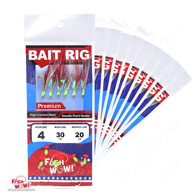 10pks Size 4 Premium Sabiki Fishing WOW Piscatore Red White Feather Bait Rig NEW