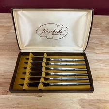 New MCM Everbrite Stainless Steak Knives Set of 6 - Ant Design Handles