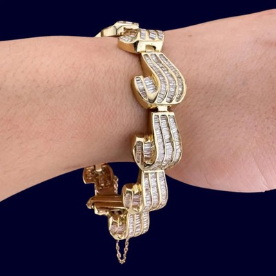 Estate 14K Yellow Gold Over Baguette Cut Diamond Dainty Tennis Bracelet For Men