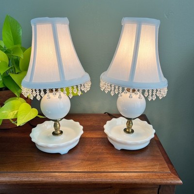 Vintage Milk Glass Table Lamps Pair Brass Scalloped Base Mid Century  Classic