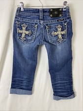 Miss Me Teen Size 24 Cuffed Capri Jeans Rhinestones Jewel Embroidered JS544583
