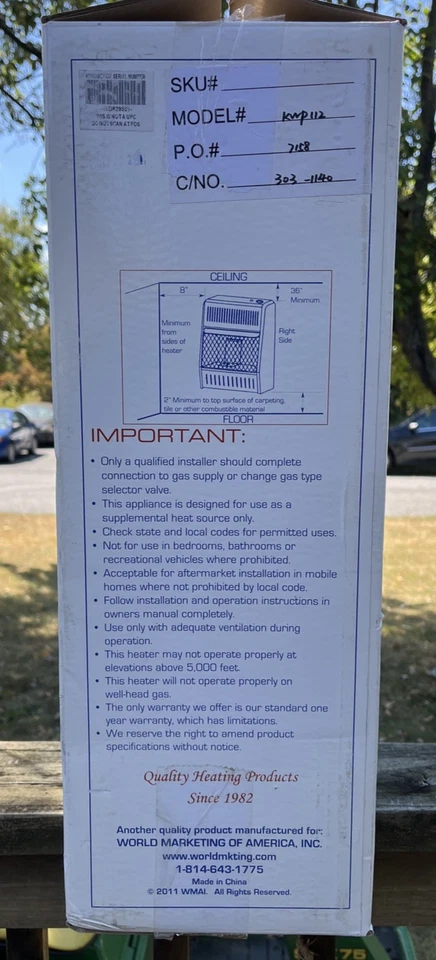 Calentador de pared de gas Kozy World sin ventilación de 10.000 BTU "Nuevo CAJA ABIERTA" Foto 3 de 4