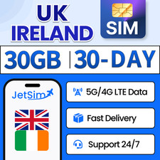 JetSIM UK Travel SIM Card / Ireland SIM Card 30GB High-Speed Data 30 Days
