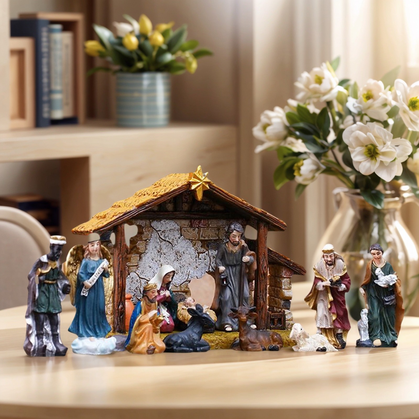 Vintage Nativity Set With 12 Figures Resin CRECHE Manger Christmas Home Deco