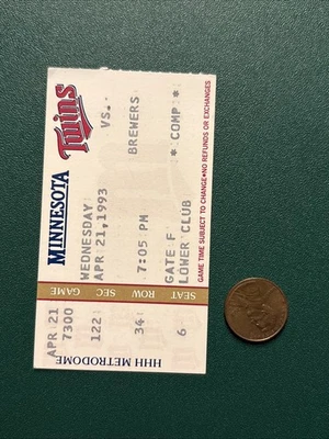 KIRBY PUCKETT 1993 Brewers Twins Ticket Stub DAVE WINFIELD ROBIN YOUNT HRBEK HR - Image 1 of 2