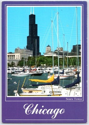Vintage Chicago Sears Tower Burnham Park Harbor Marina Sailboats Postcard