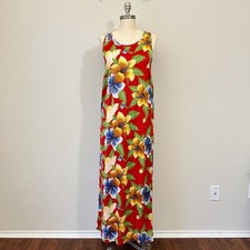 Vintage RALPH LAUREN Maxi Dress Womens L Red Hibiscus Floral Hawaiian Sleeveless