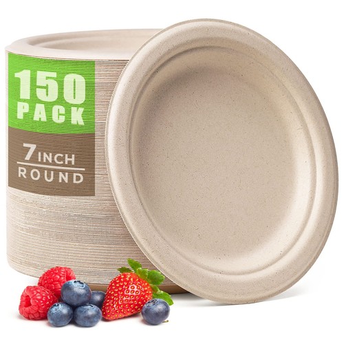 100% Compostable Paper Plates 7 Inch, 150pcs Disposable Heavy-Duty Plates Unb...