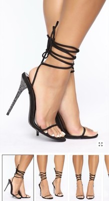 Black Strappy Stiletto Heels with Rhinestone Accents, Open Toe, Tie Closure