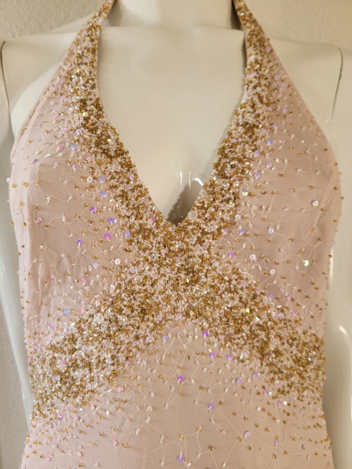 VTG PAPELL Boutique Evening Silk Beaded Holo Sequin Champaign Halter Dress sz 6 - Image 4 of 4