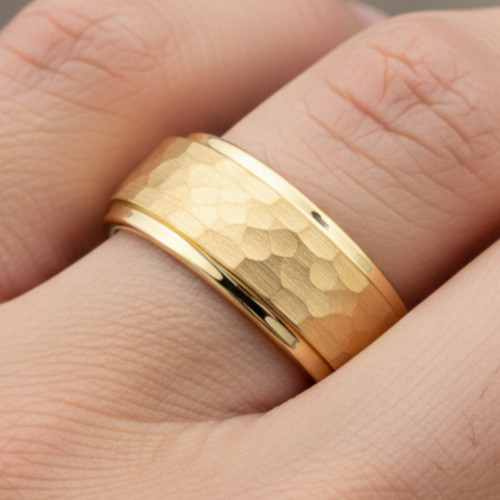 8mm Yellow Gold Tungsten Band hammered Center Stepped Edge Mens Ring