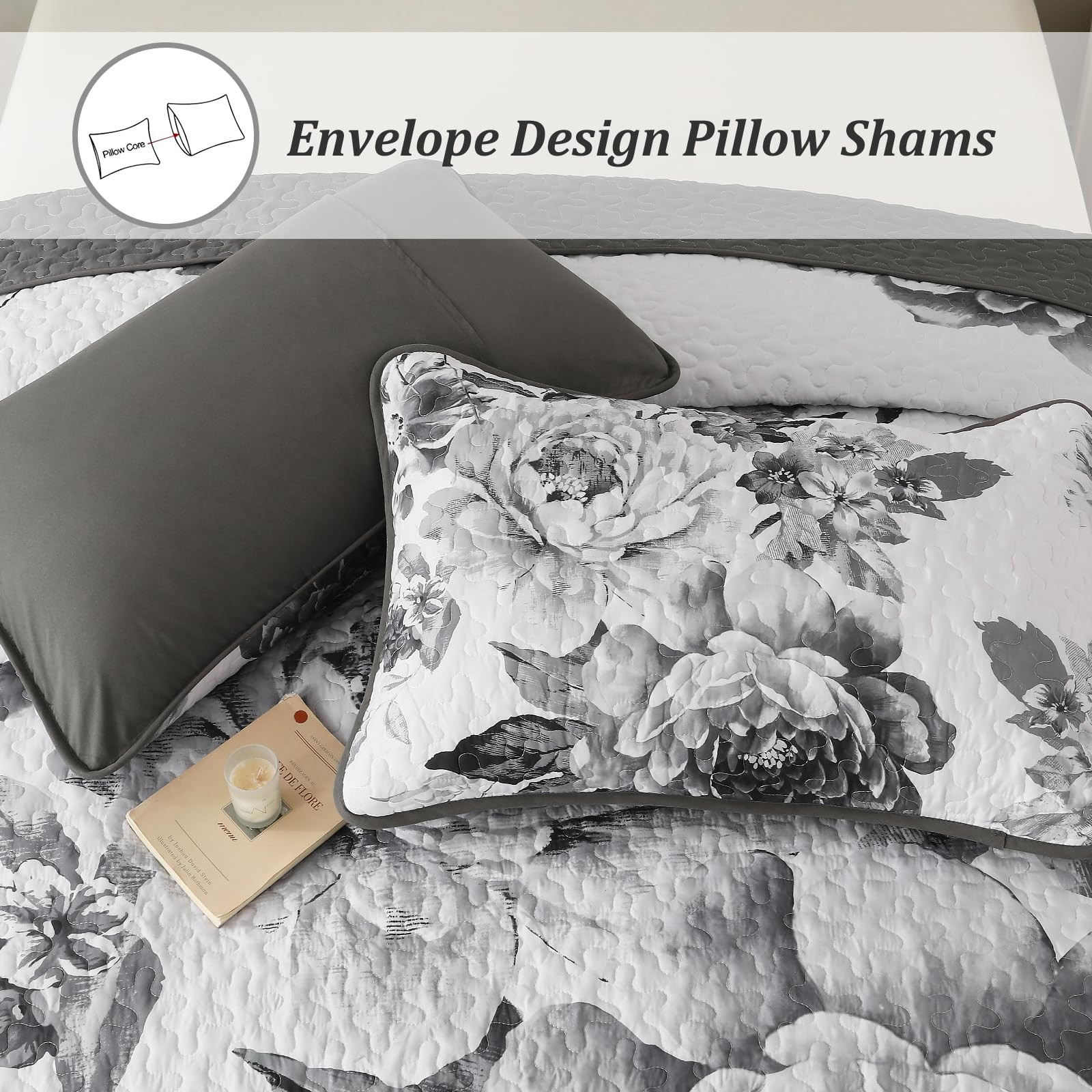 Grey Boho Floral Quilt Set King, 3 Pieces Elegant Gray Flower Bedspread Cover