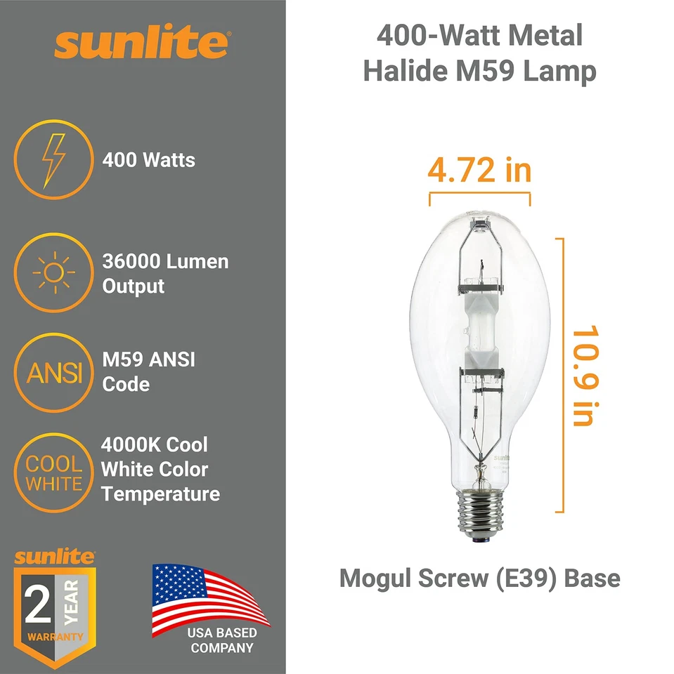 Sunlite 400 Watt Metal Halide Bulb E39 Mogul Base 36000 Lumens Long Life - Image 2 of 4