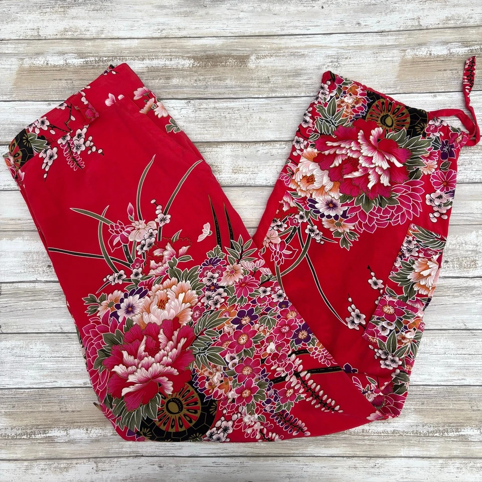 Boston Proper 裤子 10 码红色热带 100% 真丝货物作物花卉艺术度假村 — 第 4/4 张图片