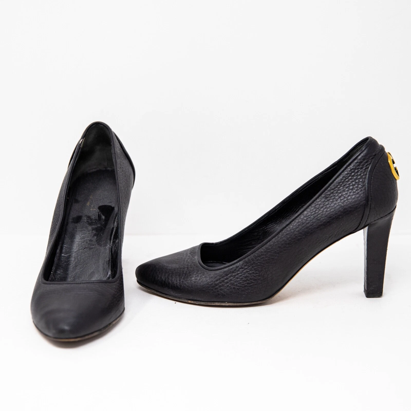 Chaussures à talons hauts Gucci Made It Italy cuir véritable logo GG bout amande noir 8