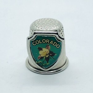 Colorado Souvenir State Silver Tone Metal Thimble w/ Columbine Flower