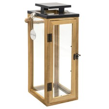 42cm Holz-Laterne - Gartenlaterne mit Glas-Scheiben und Kordel-Henkel Windlicht