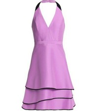 Halston Heritage Short Purple Black Trim Halter A-line Tiered Dress NWT Size 2