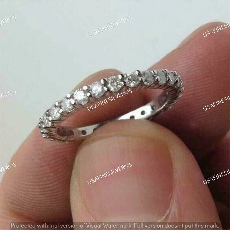 1 CT Round Cut Moissanite Full Eternity Wedding Band Ring 14K White Gold Plated - Image 3 of 3