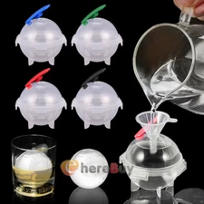 4x2" Large Round Ice Cube Ball Maker Molds Silicone Lids Whiskey Cocktail+Funnel