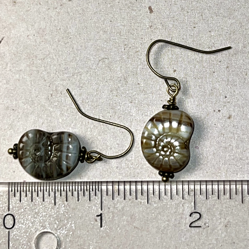 Bronze Tone French Hook Brown Button Sea Shell Dangle Earrings. Ocean. S702 - Picture 3 of 3