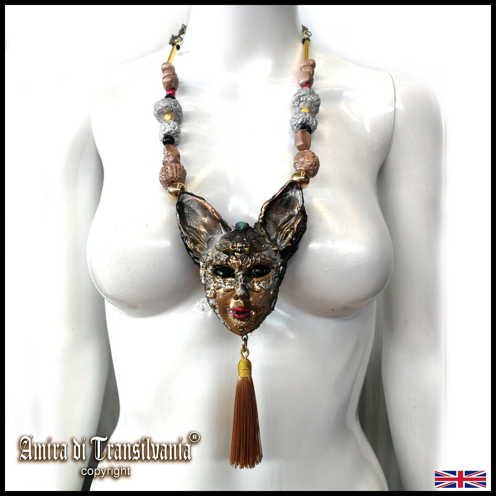 gato máscara veneciana mujer collar colgante joyería de lujo diseñador cuentas de madera oro