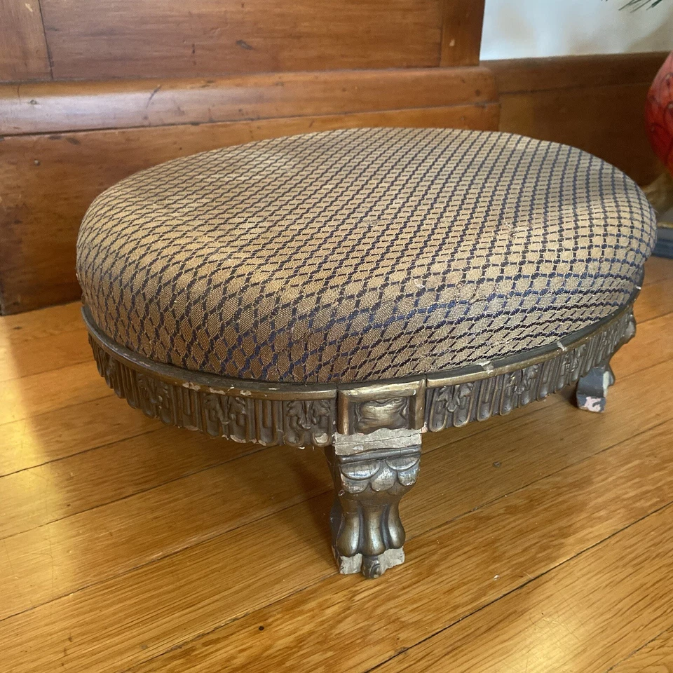 Antique Carved Foot Stool Ottoman Needlepoint Upholstery Gold Gesso Victorian - Image 3 of 4