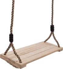Hey! Play! Wooden Swing, Outdoor Flat Bench Seat with Adjustable Nylon Hanging R