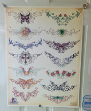 BULLSEYE TATTOO FLASH POSTER 24 X 18 TRAMP STAMPS BUTTERFLY DRAGONFLY SHAMROCK