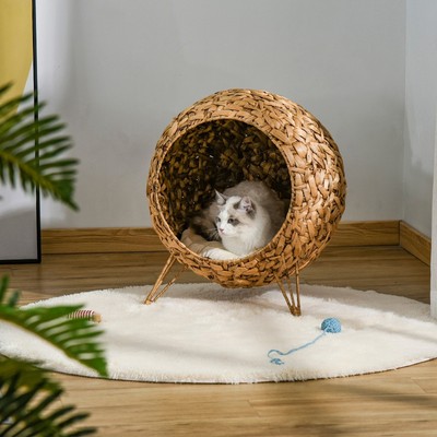 PawHut 20.5'' Natural Rattan Cat House, Elevated for Comfort