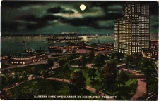 NYC New York Aquarium & Battery Park Harbor Postcard 1900s Night View Full Moon